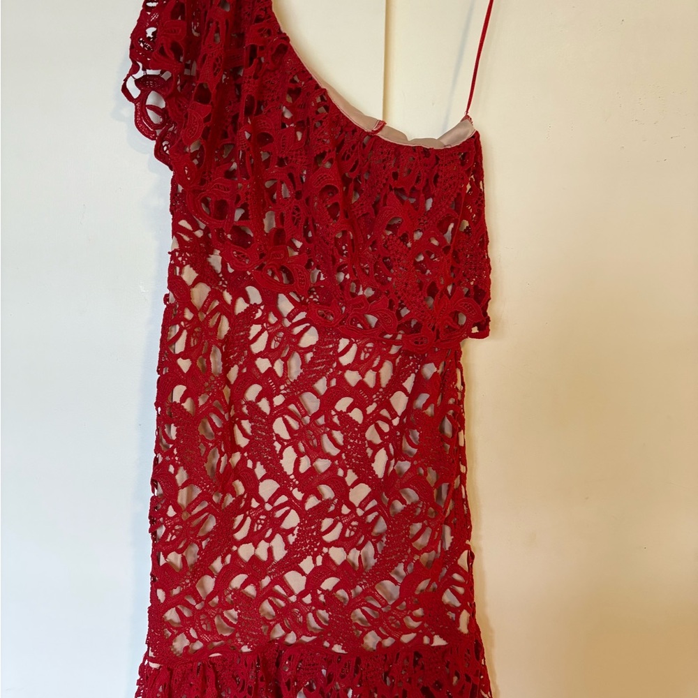 Red Lace One-Shoulder Dress